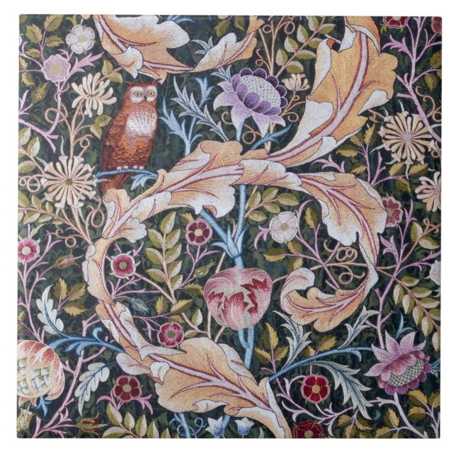 Owl and Flowers, William Morris Ceramic Tile (Front)