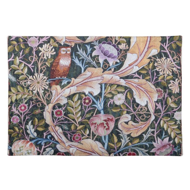 Owl and Flowers, William Morris Cloth Placemat (Front)