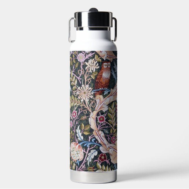 Owl and Flowers, William Morris Water Bottle (Front)