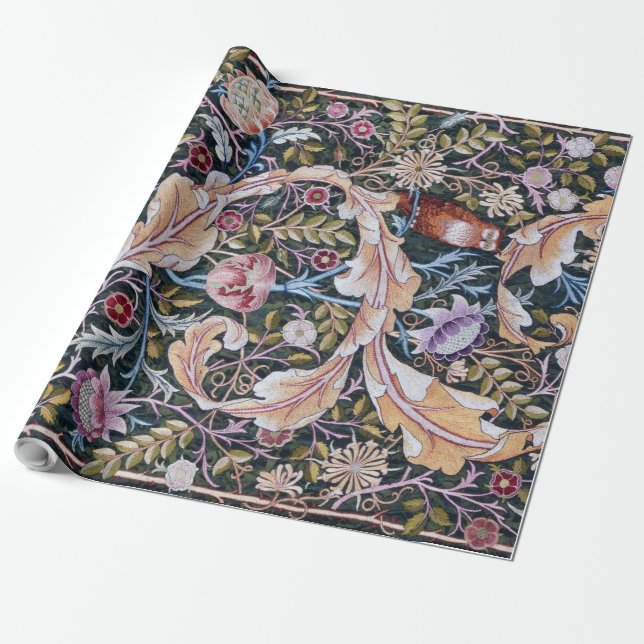 Owl and Flowers, William Morris Wrapping Paper (Unrolled)