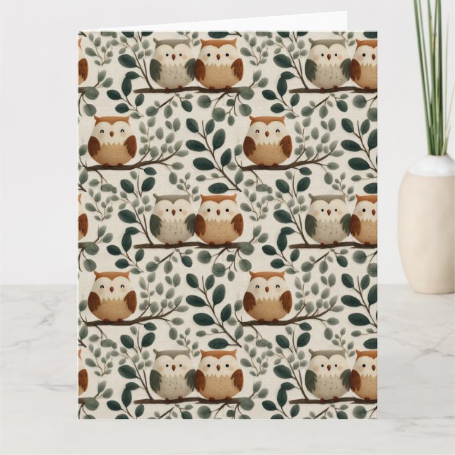Owl and Forest Leaf Pattern Card (Front)