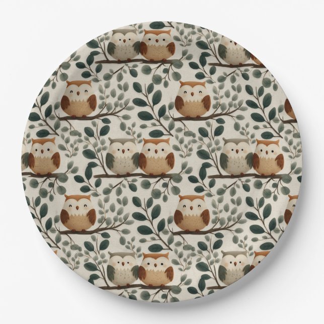 Owl and Forest Leaf Pattern Paper Plates (Front)