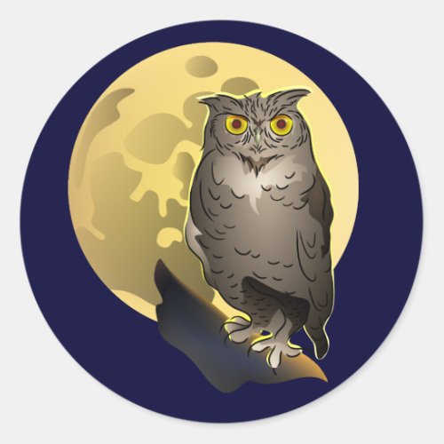 Owl and Full Moon Classic Round Sticker