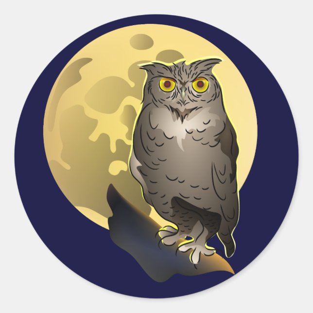 Owl and Full Moon Classic Round Sticker (Front)