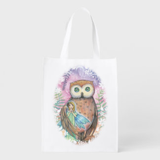 Owl and Little Fairy Fantasy Illustration Reusable Grocery Bag