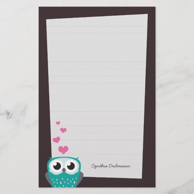 Owl and Love Hearts Note Paper (lined) (Front)