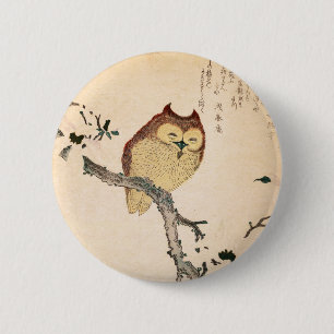 Owl and magnolia – Kobushi ni mimizuku Pinback Button