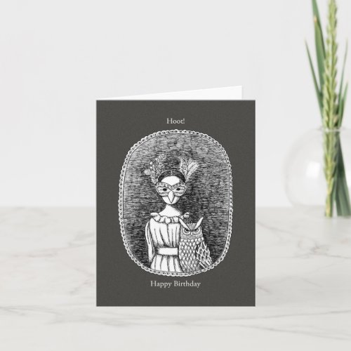 Owl and Masked Lady Horror Goth Art Birthday Card