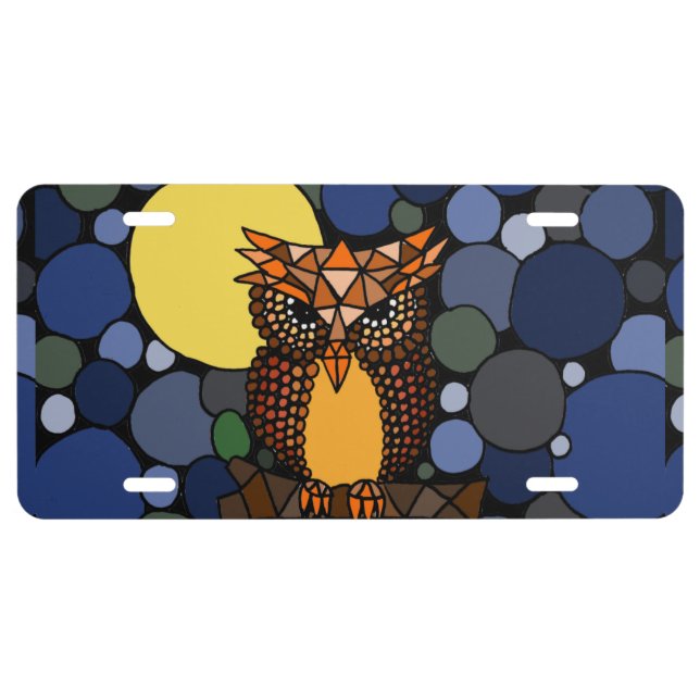 Owl and Moon Abstract Art License Plate (Front)