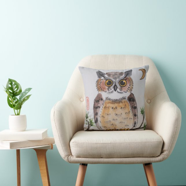 Owl and Moon Asian Oriental Inspired Art Throw Pillow (Chair)