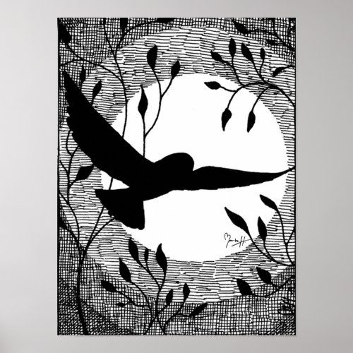 Owl and Moon Cross Hatched Poster