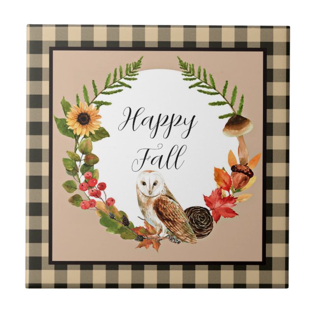 Owl and nature with customizable text  ceramic tile (Front)