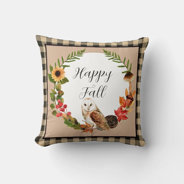 Owl and nature with customizable text throw pillow (Front)