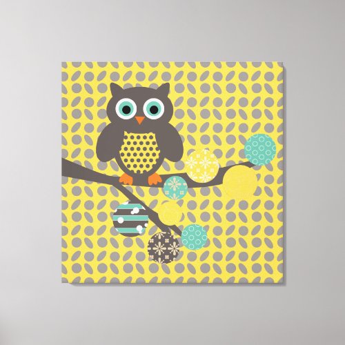 Owl and Orbs on Gray and Yellow Wrapped Canvas