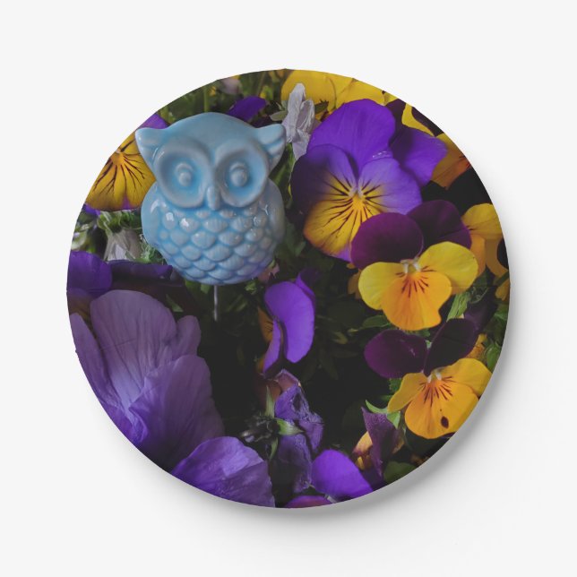 Owl and Pansies Paper Plates (Front)