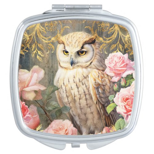 Owl and Pink Roses Compact Mirror