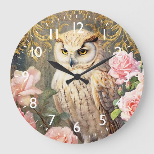 Owl and Pink Roses Large Clock