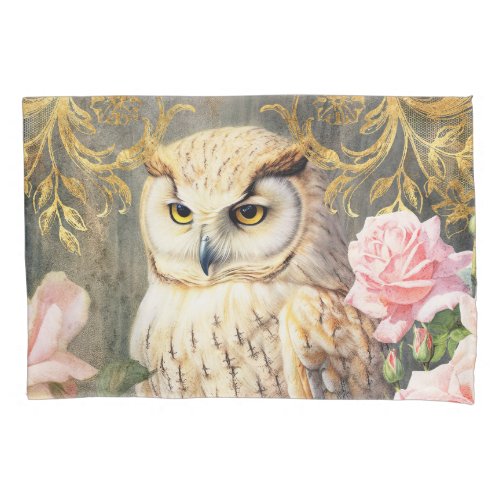 Owl and Pink Roses Pillow Case