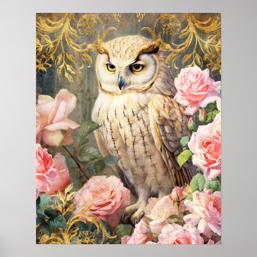 Owl and Pink Roses Poster