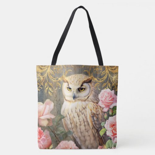 Owl and Pink Roses Tote Bag