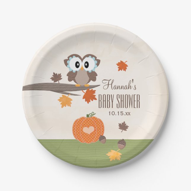 Owl and Pumpkin Fall Baby Shower Paper Plates (Front)
