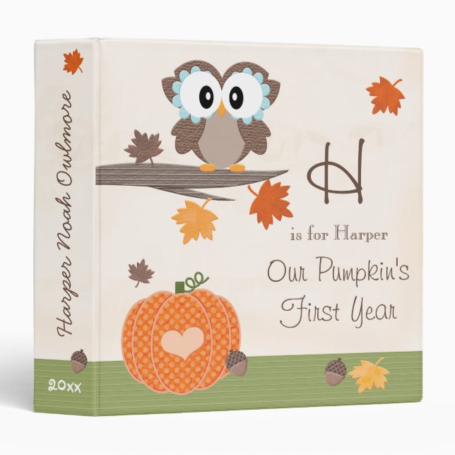 Owl and Pumpkin Fall Baby's First Year Album 3 Ring Binder (Front/Spine)