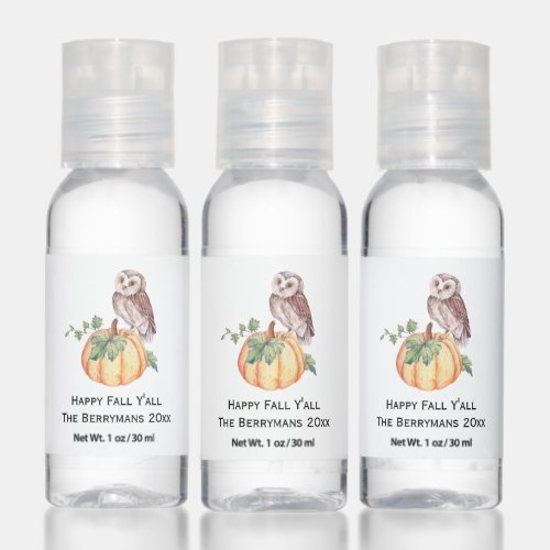 Owl and Pumpkin Happy Fall Yall Party Favors Hand Sanitizer