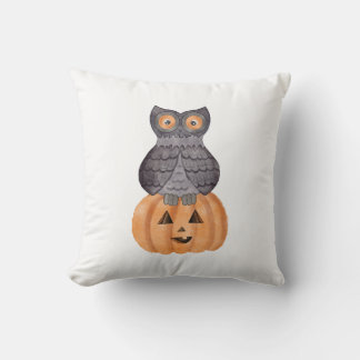 Owl and Pumpkin in watercolor Throw Pillow