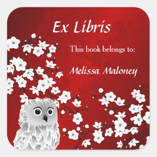 Owl And Red Cherry Blossom Ex Libris Add Name Square Sticker