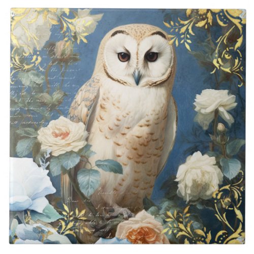 Owl and Roses Ceramic Tile