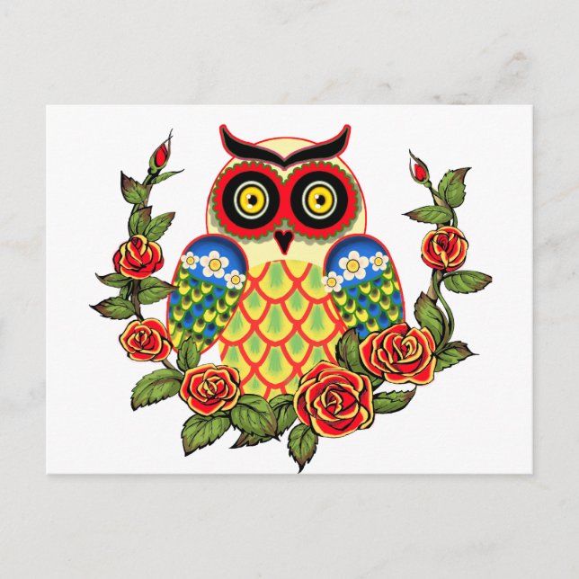 Owl and Roses Mexican style Postcard (Front)