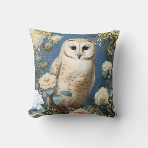 Owl and Roses Throw Pillow