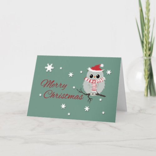 Owl and Striped Fluffy Scarf Santa Hat Christmas Holiday Card