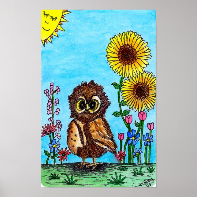 Owl and Sunflowers Poster (Front)