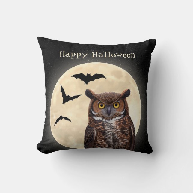 Owl and The Full Moon Throw Pillow (Front)