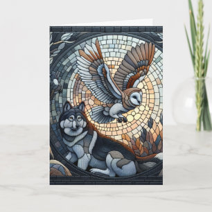 Owl and Wolf Mosaic Ai Art   Blank Card