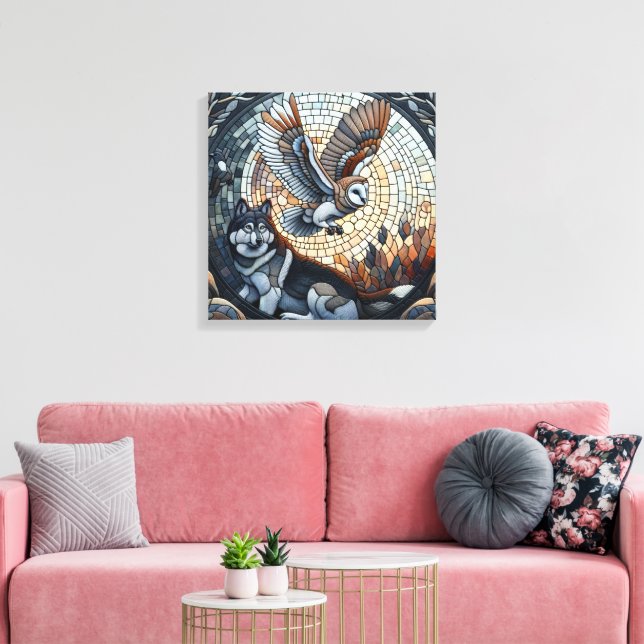 Owl and Wolf Mosaic Ai Art Canvas Print (Insitu(LivingRoom))