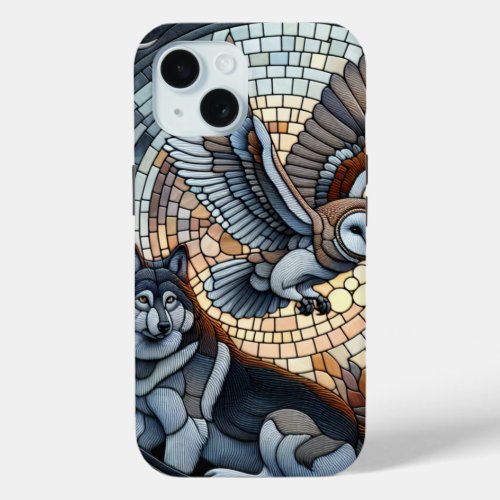 Owl and Wolf Mosaic Ai Art  iPhone 15 Case