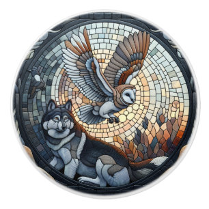 Owl and Wolf Mosaic Ai Art  Ceramic Knob