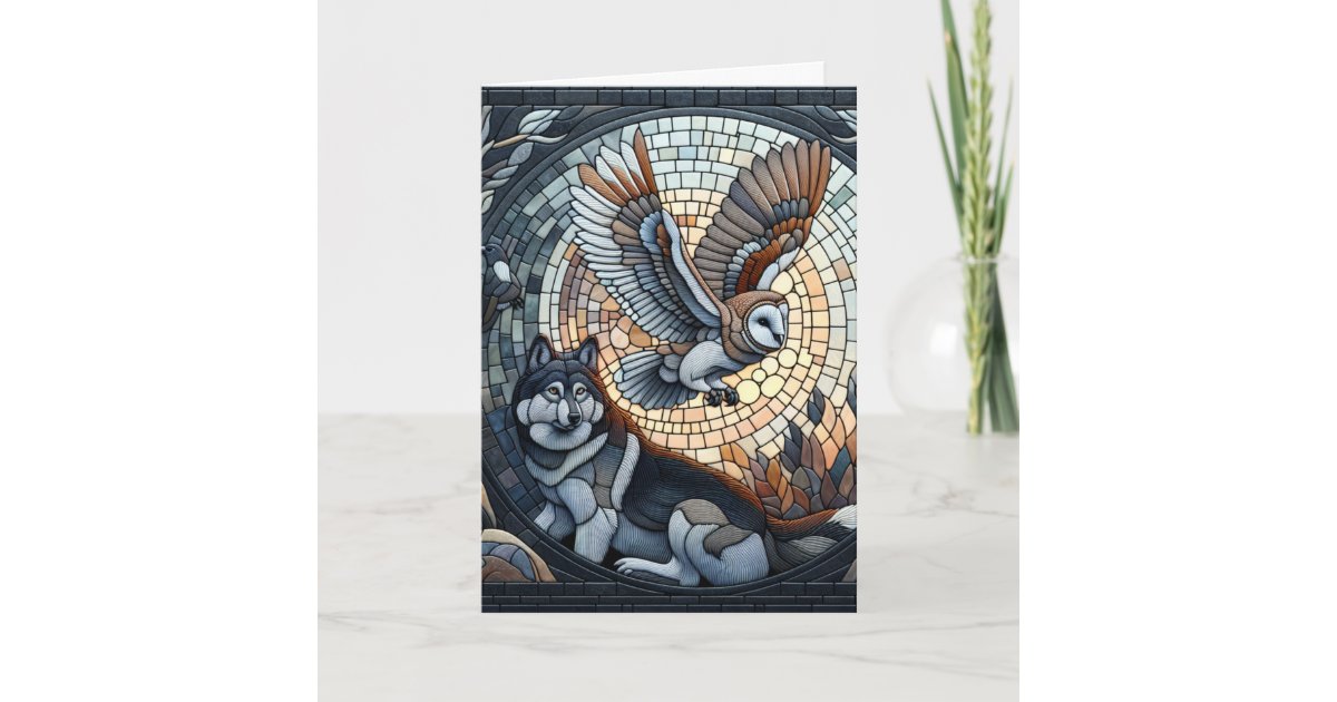 Owl and Wolf Mosaic Ai Art | Happy Birthday Card | Zazzle