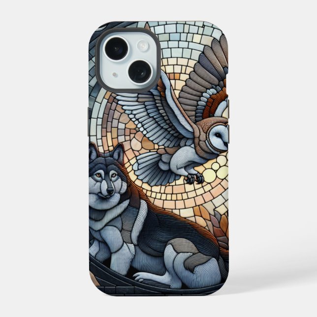 Owl and Wolf Mosaic Ai Art  Iphone Case (Back)
