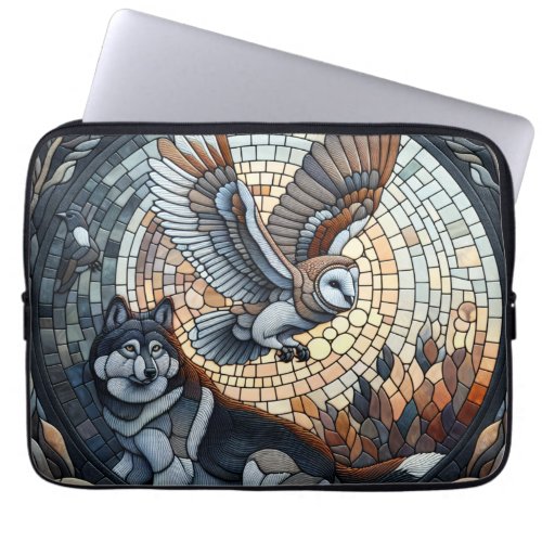 Owl and Wolf Mosaic Ai Art  Laptop Sleeve