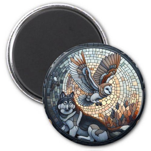 Owl and Wolf Mosaic Ai Art  Magnet