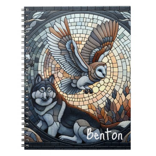 Owl and Wolf Mosaic Ai Art Personalized Notebook