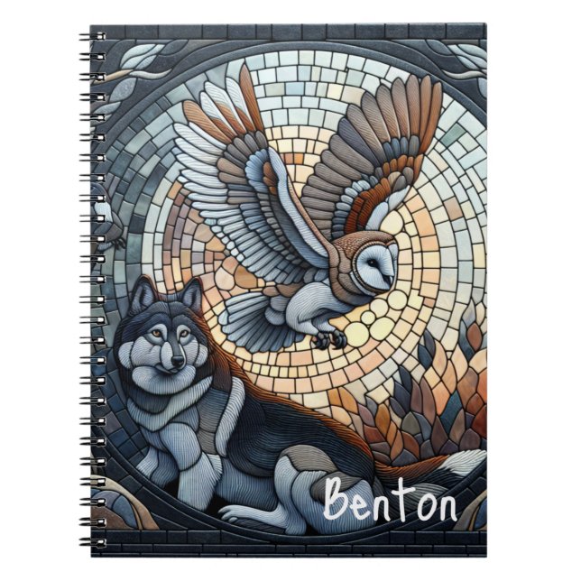 Owl and Wolf Mosaic Ai Art Personalized Notebook (Front)
