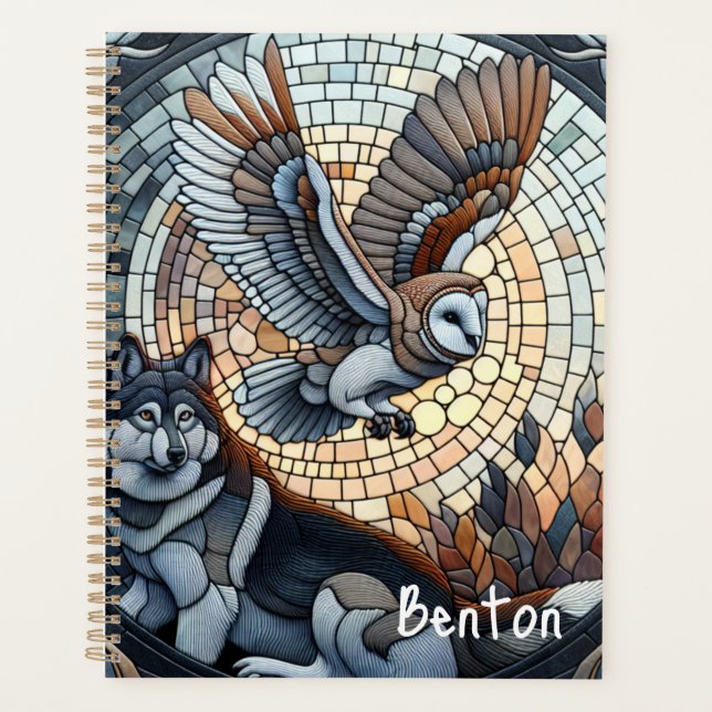 Owl and Wolf Mosaic Ai Art Personalized Planner (Front)