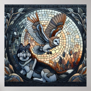 Owl and Wolf Mosaic Ai Art Poster