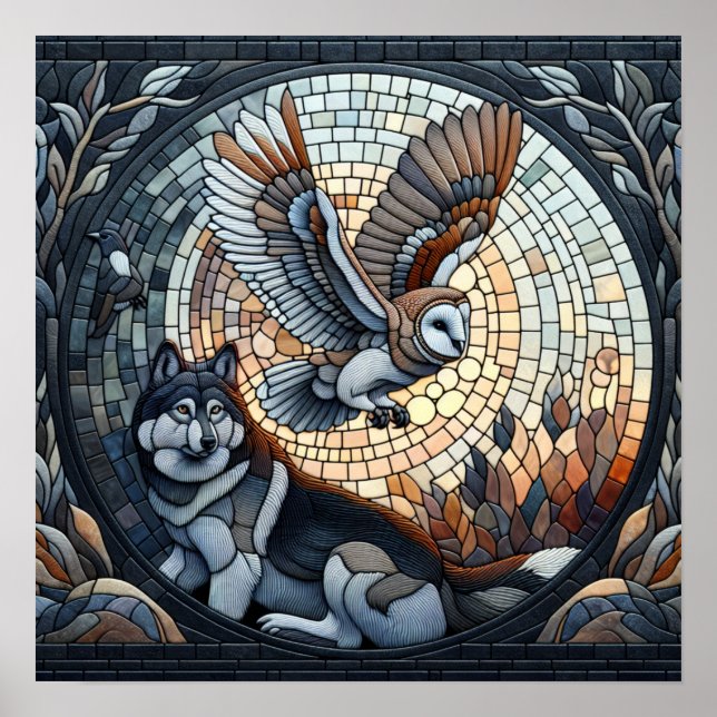 Owl and Wolf Mosaic Ai Art Poster (Front)