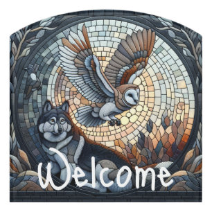 Owl and Wolf Mosaic Ai Art Welcome Door Sign