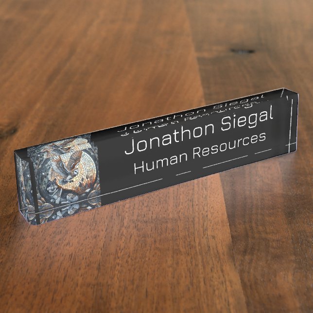 Owl and Wolf Mosaic Nature Ai Art Personalized Desk Name Plate (Side)